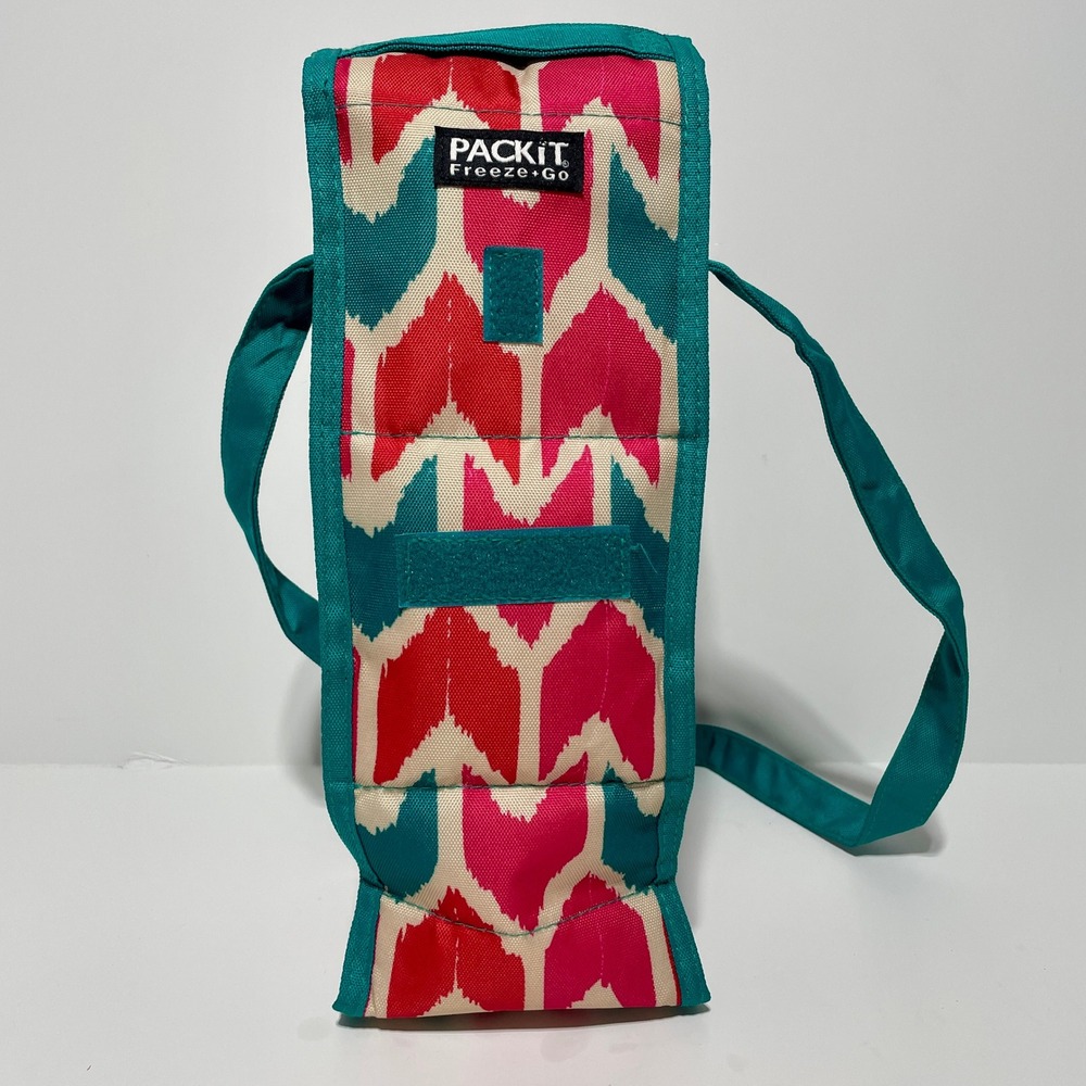 PackIt Freeze+Go Single Wine Cooler Bag Insulated Pink Teal Ikat Freezable Gel